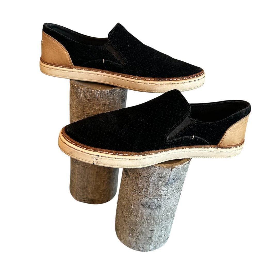 Ugg Women's Adley Perforated Slip-On Sneaker Size 8 Suede Black and Tan Preppy